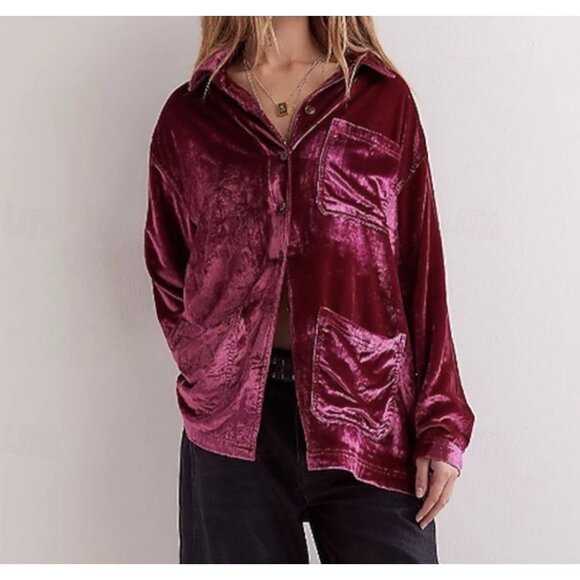 We The Free Tops - Free People We The Free Rhododendron Off Duty Velvet Shirt XS Oversized Burgundy